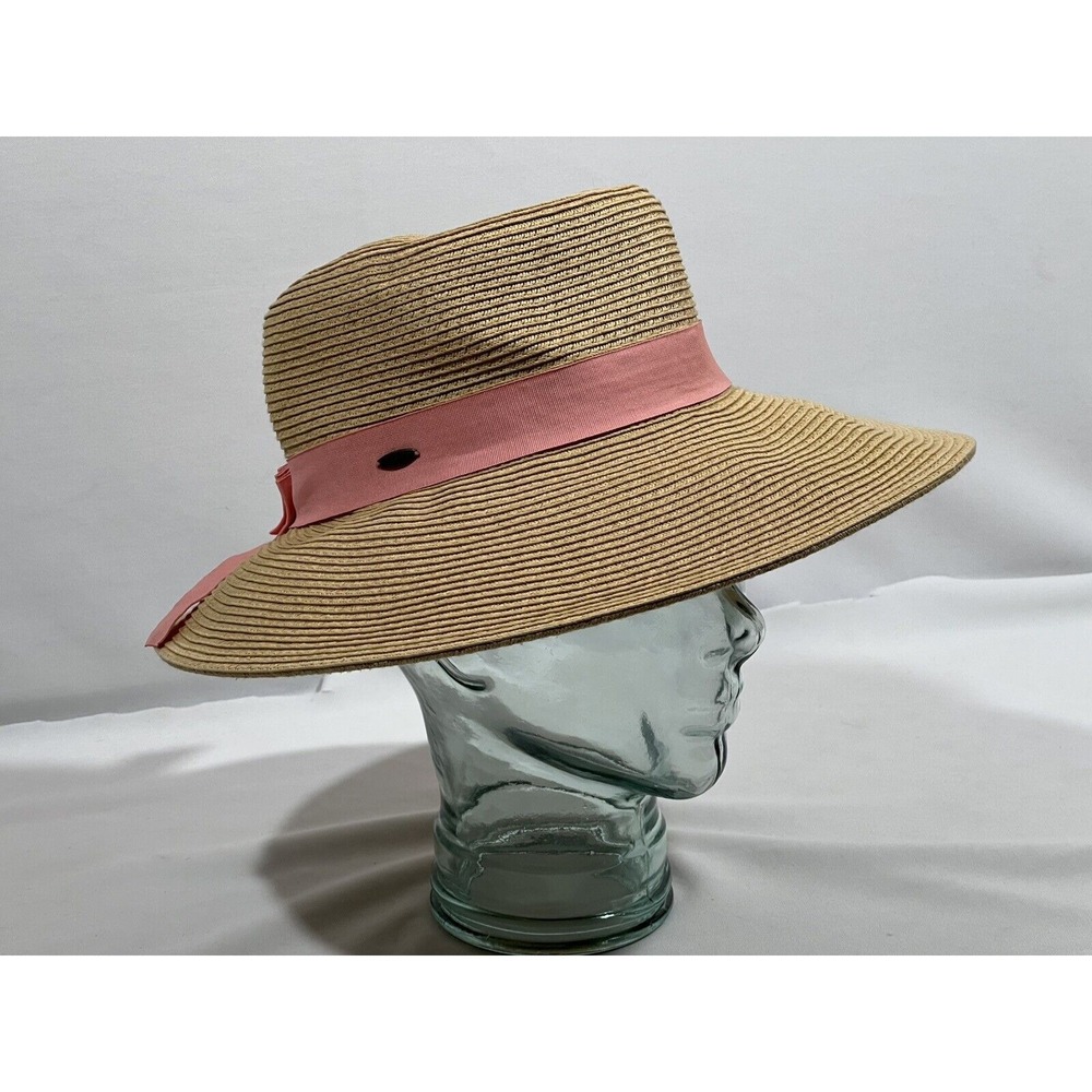 CC Sunshade Hat Womens Tan Pink Bow Wide Brim Coastal Cottagecore Beach